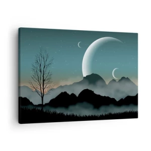 Quadro em tela - Montanhas enevoadas com a lua e uma árvore solitária - 70x50cm - Carnaval de uma noite estrelada - Decoração de parede moderna para a sala de estar e quarto ARTTOR