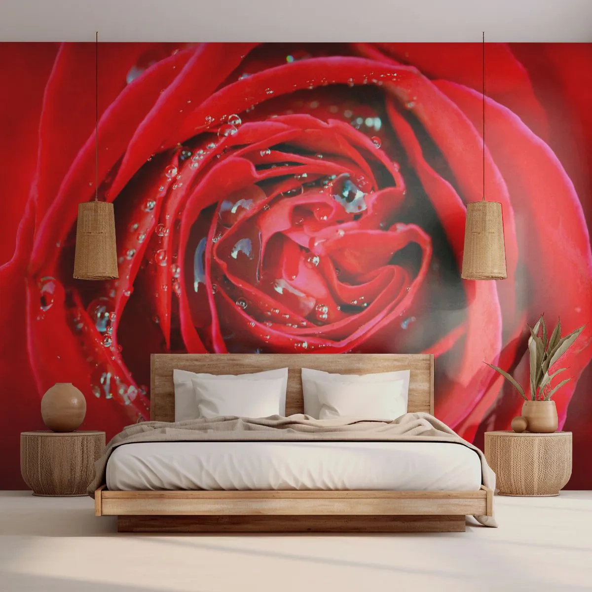 Papel de Parede Premium Sand - Em gotas de orvalho - Flores, Rosa vermelha, Amor - 400x280 cm