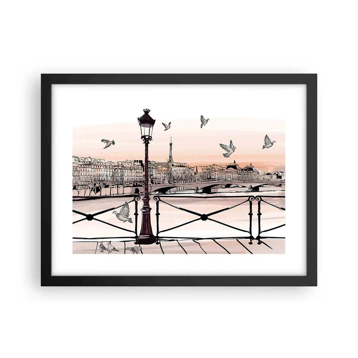 Pôster com moldura preta - Sobre os telhados de Paris - 40x30 cm