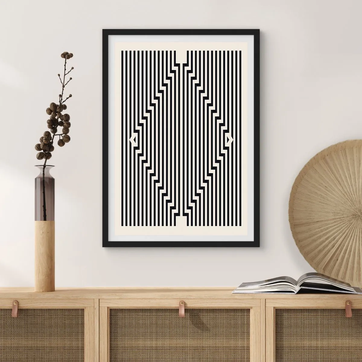 Pôster com moldura preta - Linhas pretas e brancas criando uma ilusão de ótica - 50x70cm - Ilusão geométrica - Decoração de parede moderna para a sala de estar e quarto ARTTOR