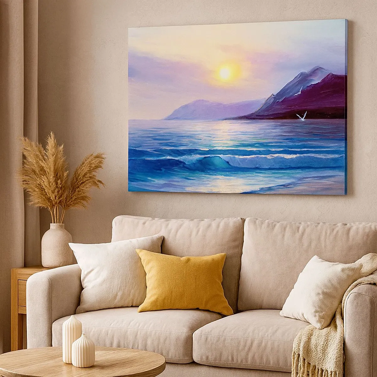 Quadro em tela - Uma paisagem marinha pitoresca ao pôr do sol com ondas e montanhas - 70x50cm - Cristal de água e ar - Decoração de parede moderna para a sala de estar e quarto ARTTOR
