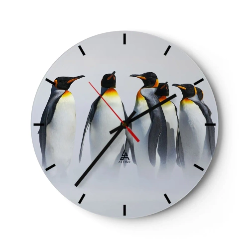Relógio de parede - Relógio em vidro - Um grupo de pinguins contra o nevoeiro - 30x30cm - Reunião em traje de gala - Decoração de parede moderna para a sala de estar, cozinha e quarto ARTTOR
