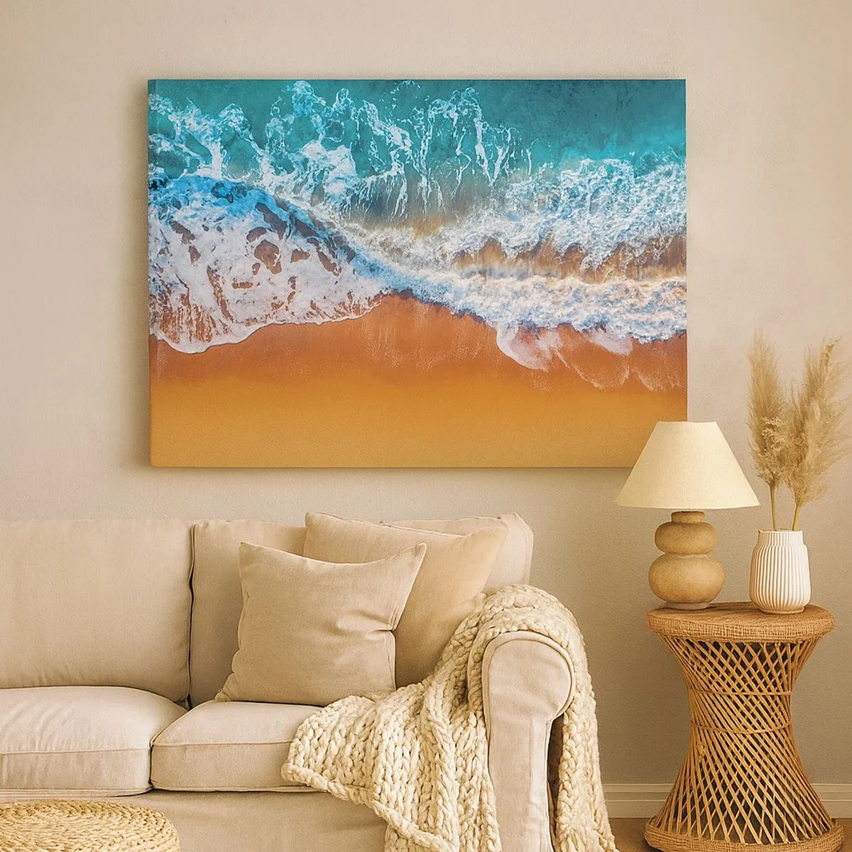 Quadro em tela - Vista aérea das ondas do oceano quebrando na costa - 70x50cm - Sempre em par - Decoração de parede moderna para a sala de estar e quarto ARTTOR
