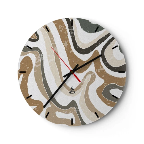 Relógio de parede - Relógio em vidro - Listras sinuosas em tons de terra sobre um fundo branco - 30x30cm - Meandros de cores da terra - Decoração de parede moderna para a sala de estar, cozinha e quarto ARTTOR