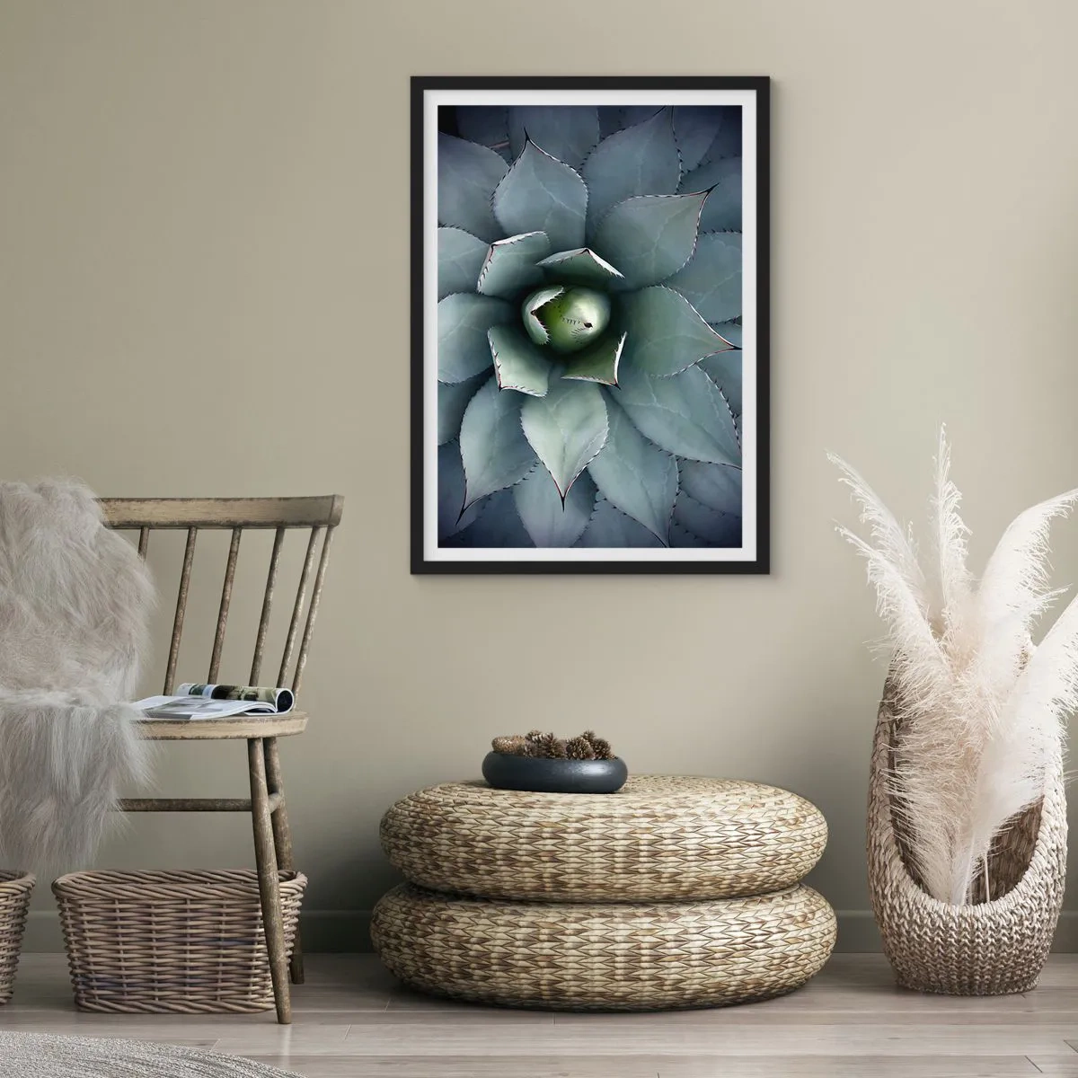 Pôster com moldura preta - Um close das folhas simétricas de uma suculenta em tons de verde. - 50x70cm - Atrai e adverte - Decoração de parede moderna para a sala de estar e quarto ARTTOR