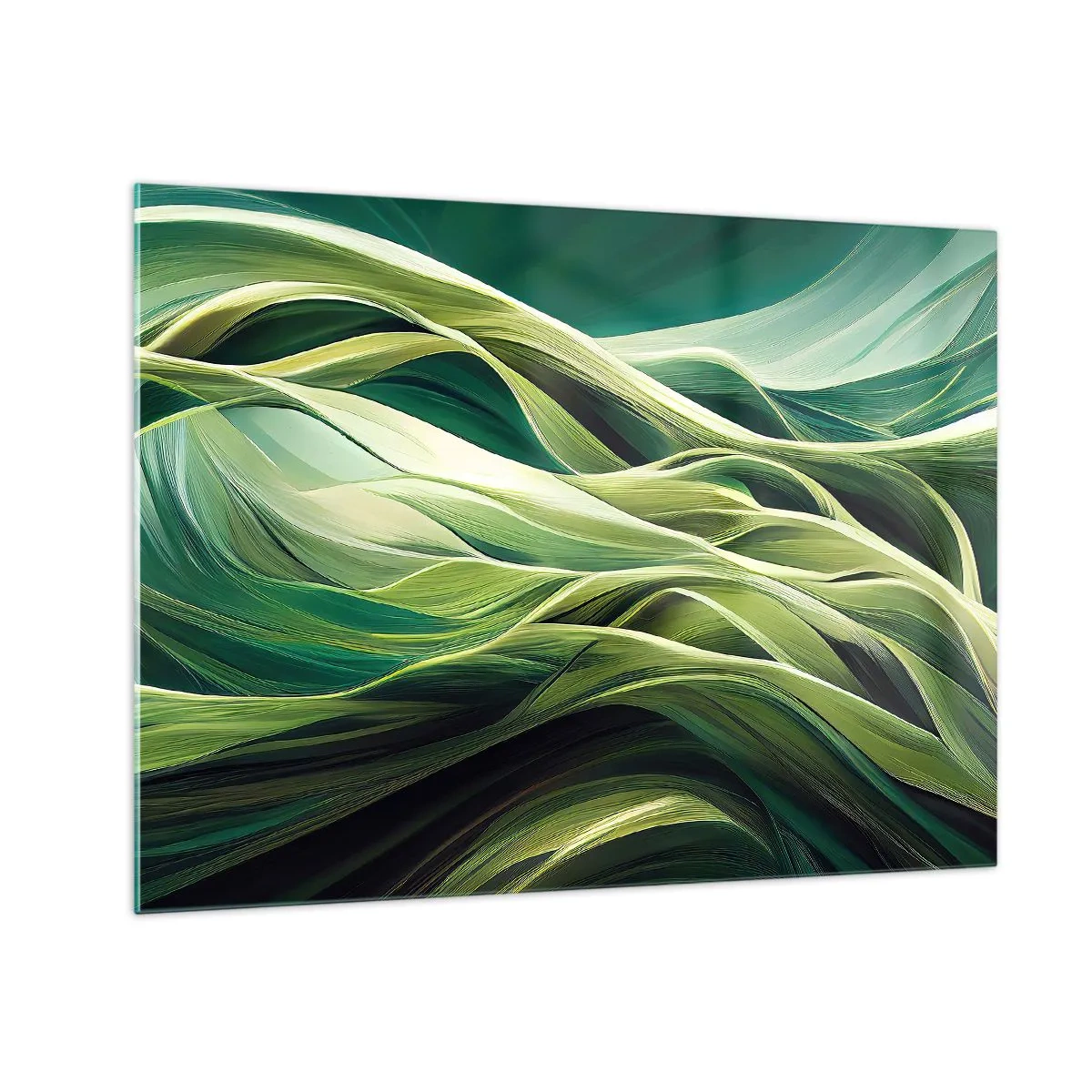 Quadro em vidro - Ondas verdes abstratas com formas orgânicas - 70x50cm - Jogo verde abstrato - Decoração de parede moderna para a sala de estar e quarto ARTTOR