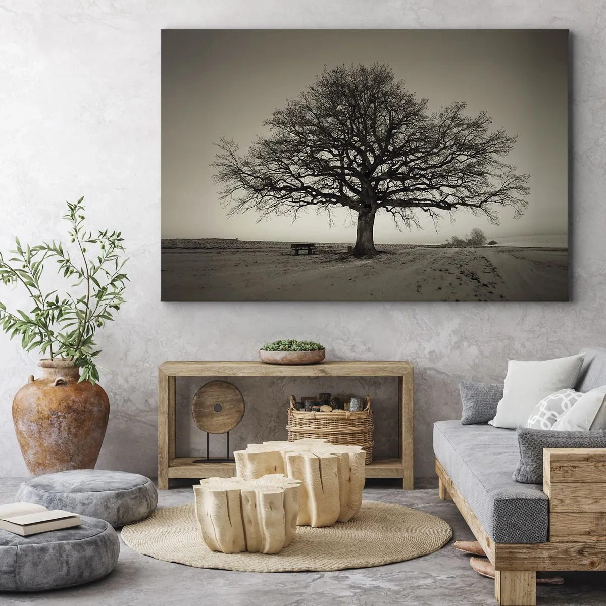 Quadro em tela - Uma árvore solitária em um campo sépia - 70x50cm - Daqui para a eternidade - Decoração de parede moderna para a sala de estar e quarto ARTTOR