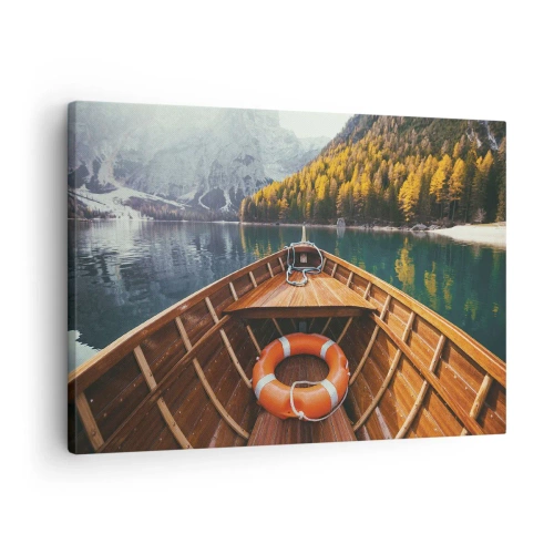 Quadro em tela - Um barco de madeira em um lago de montanha cercado por floresta - 70x50cm - Excursão na montanha - Decoração de parede moderna para a sala de estar e quarto ARTTOR