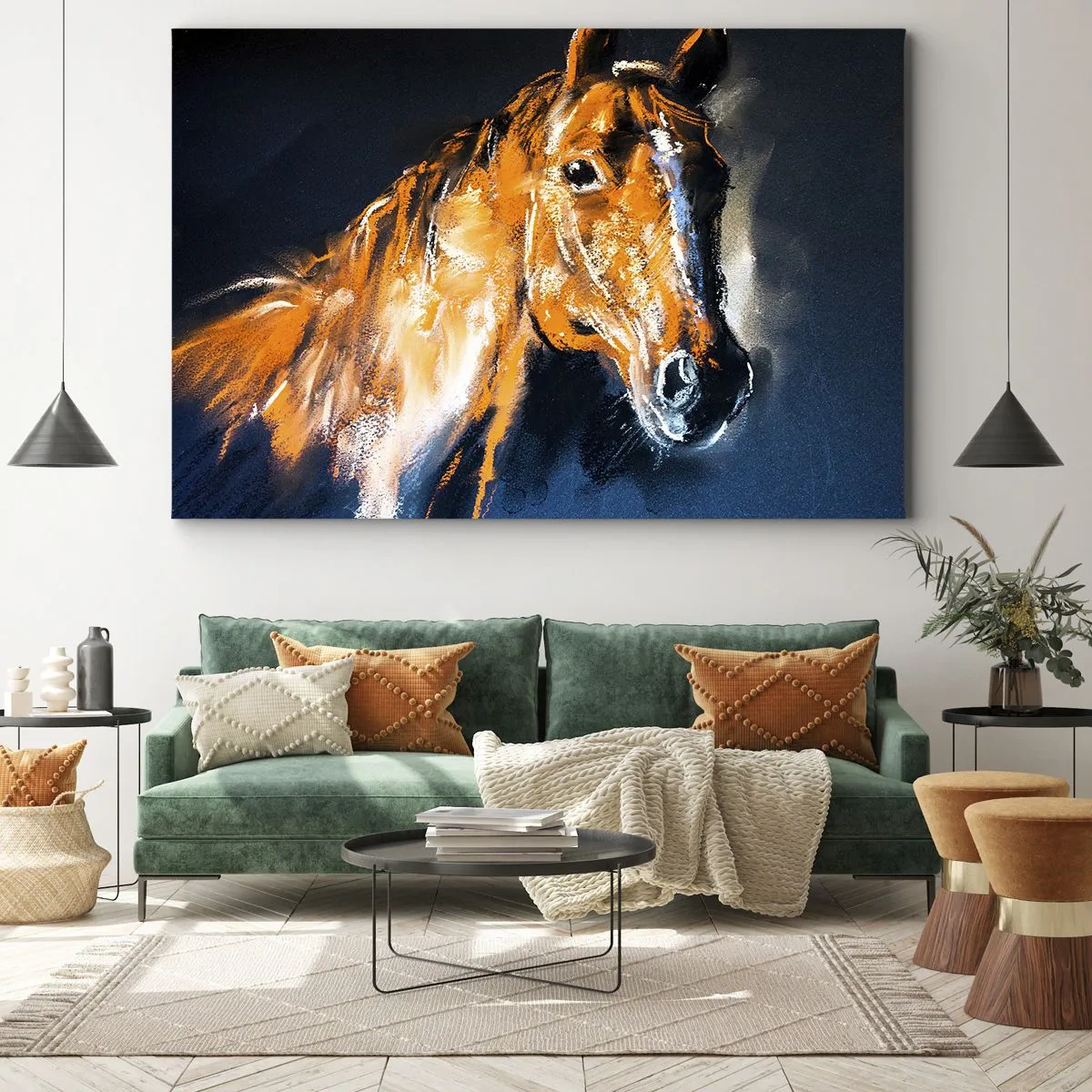 Quadro em tela - Retrato de um cavalo em estilo dinâmico e pictórico - 70x50cm - E então, vai? - Decoração de parede moderna para a sala de estar e quarto ARTTOR