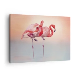 Quadro em tela - Flamingos em delicadas cores pastéis sobre fundo de água - 70x50cm - Na cor do sol poente - Decoração de parede moderna para a sala de estar e quarto ARTTOR