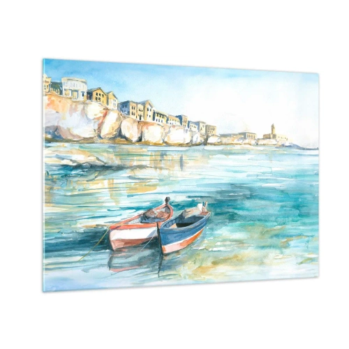 Quadro em vidro - Uma baía azul-marinho com barcos e edifícios no penhasco - 70x50cm - Paisagem em azul - Decoração de parede moderna para a sala de estar e quarto ARTTOR