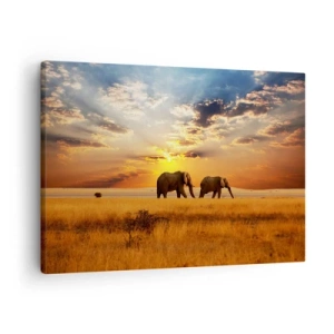 Quadro em tela - Elefantes na savana ao pôr do sol - 70x50cm - Caminhada em família - Decoração de parede moderna para a sala de estar e quarto ARTTOR