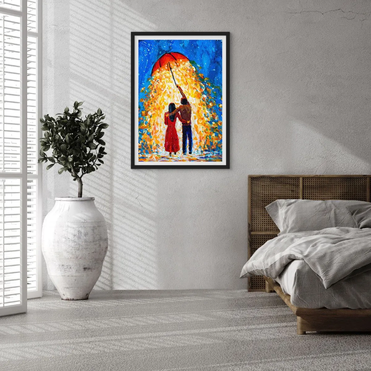 Pôster com moldura preta - Um casal romântico sob um guarda-chuva cheio de luz - 50x70cm - A magia de uma noite chuvosa? - Decoração de parede moderna para a sala de estar e quarto ARTTOR