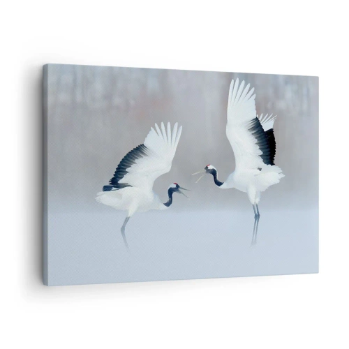 Quadro em tela - Dois guindastes dançando em uma paisagem de neblina - 70x50cm - Dança no nevoeiro - Decoração de parede moderna para a sala de estar e quarto ARTTOR