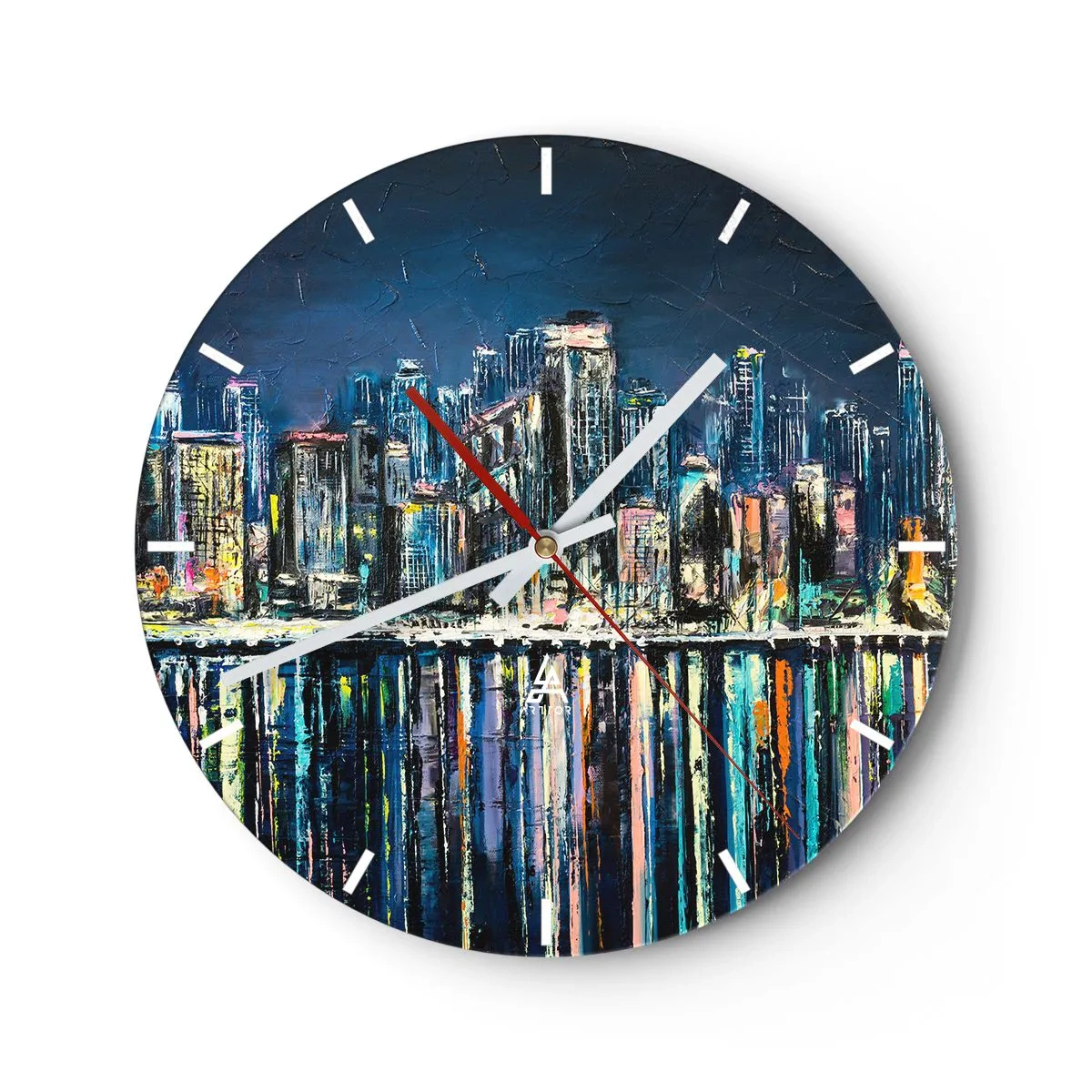 Relógio de parede - Relógio em vidro - Panorama noturno da cidade com reflexos de luz na água - 30x30cm - Cascata de luzes - Decoração de parede moderna para a sala de estar, cozinha e quarto ARTTOR