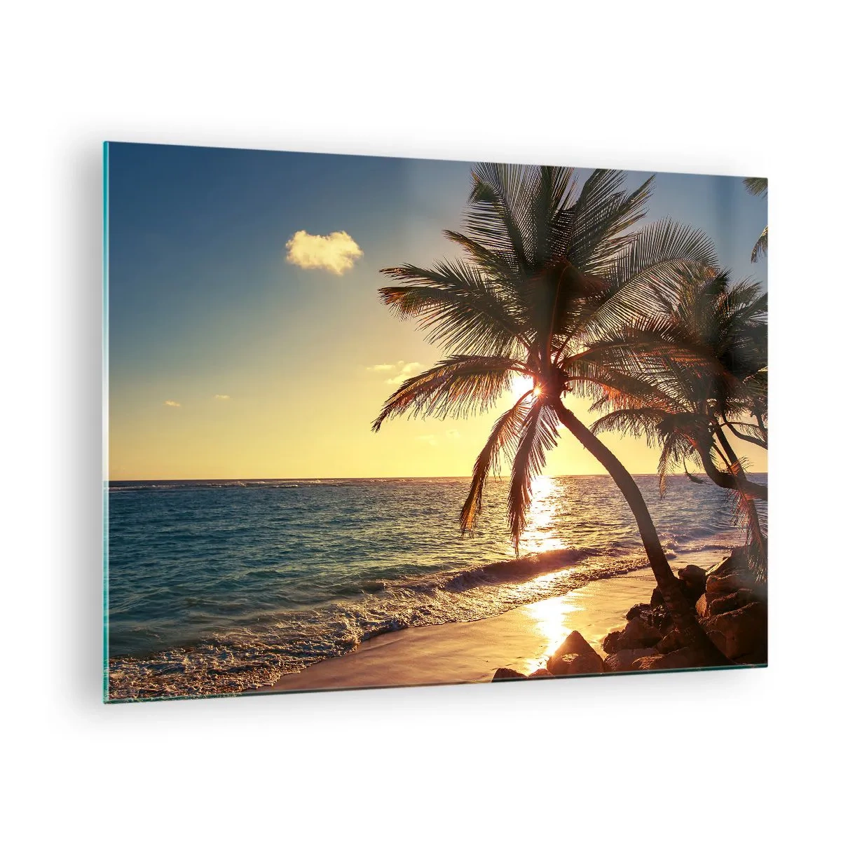 Quadro em vidro - Praia tropical com palmeiras à luz do pôr do sol - 70x50cm - Verão sob as palmeiras - Decoração de parede moderna para a sala de estar e quarto ARTTOR