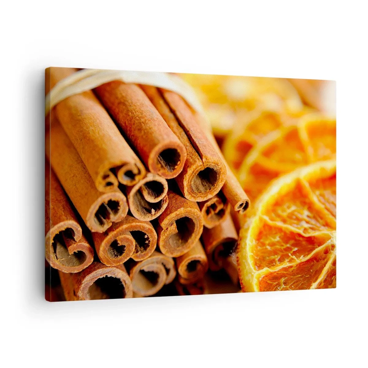 Quadro em tela - Paus de canela com fatias de laranja secas em cores quentes - 70x50cm - Sente o cheiro? - Decoração de parede moderna para a sala de estar e quarto ARTTOR