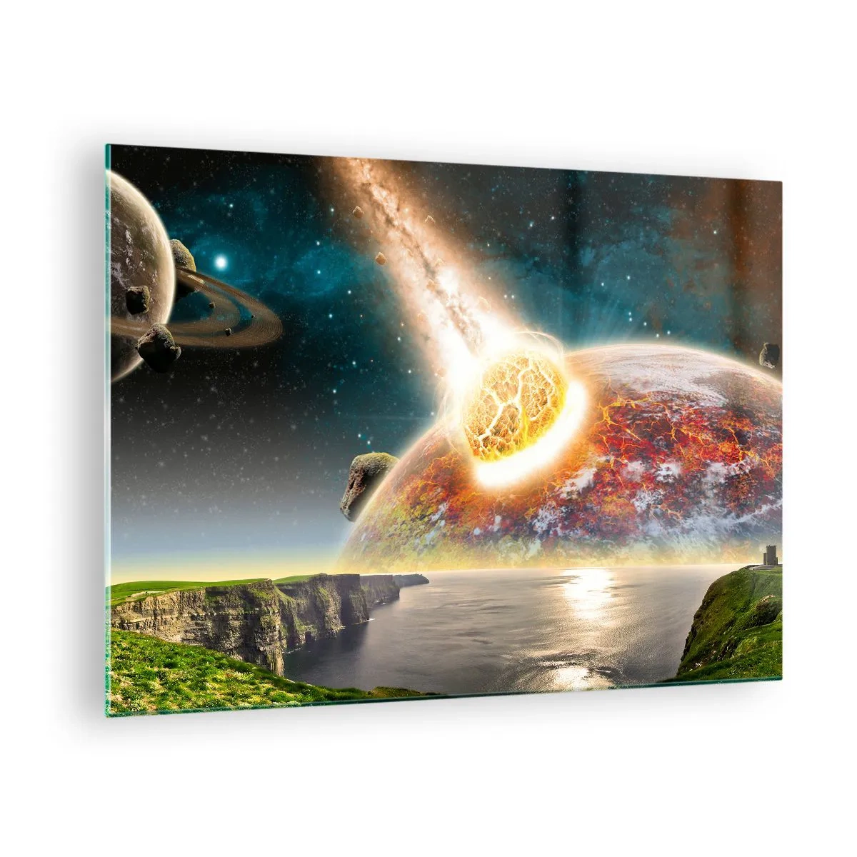 Quadro em vidro - Um meteorito colide com um planeta no espaço. - 70x50cm - Drama espacial - Decoração de parede moderna para a sala de estar e quarto ARTTOR