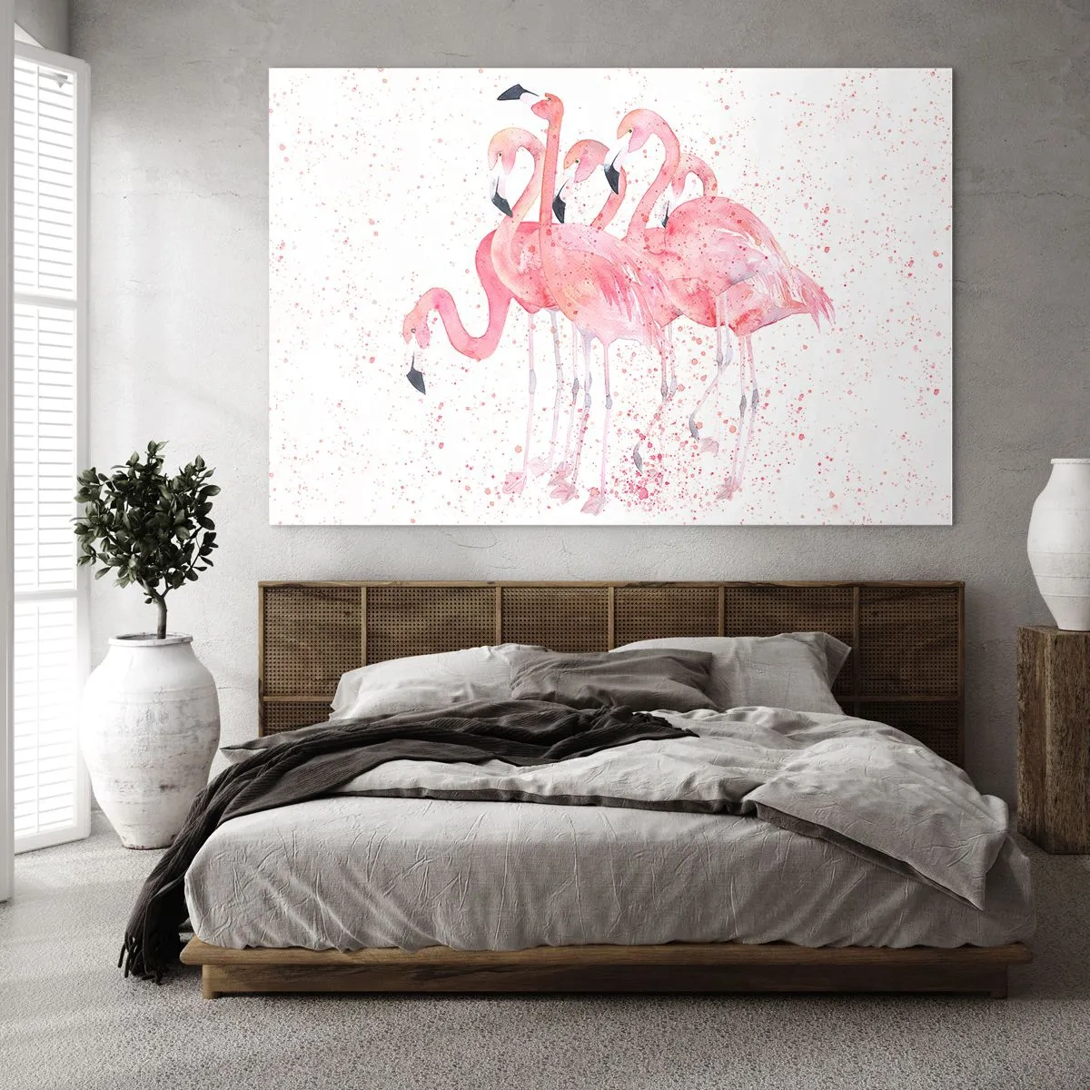 Quadro em vidro - Flamingos em aquarela sobre fundo claro com manchas delicadas - 70x50cm - Conjunto cor-de-rosa - Decoração de parede moderna para a sala de estar e quarto ARTTOR