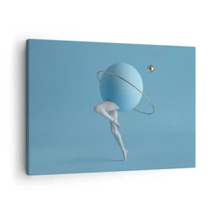 Quadro em tela - Uma esfera azul com uma órbita e pernas humanas contra o céu - 70x50cm - Planetas a enlouquecer - Decoração de parede moderna para a sala de estar e quarto ARTTOR