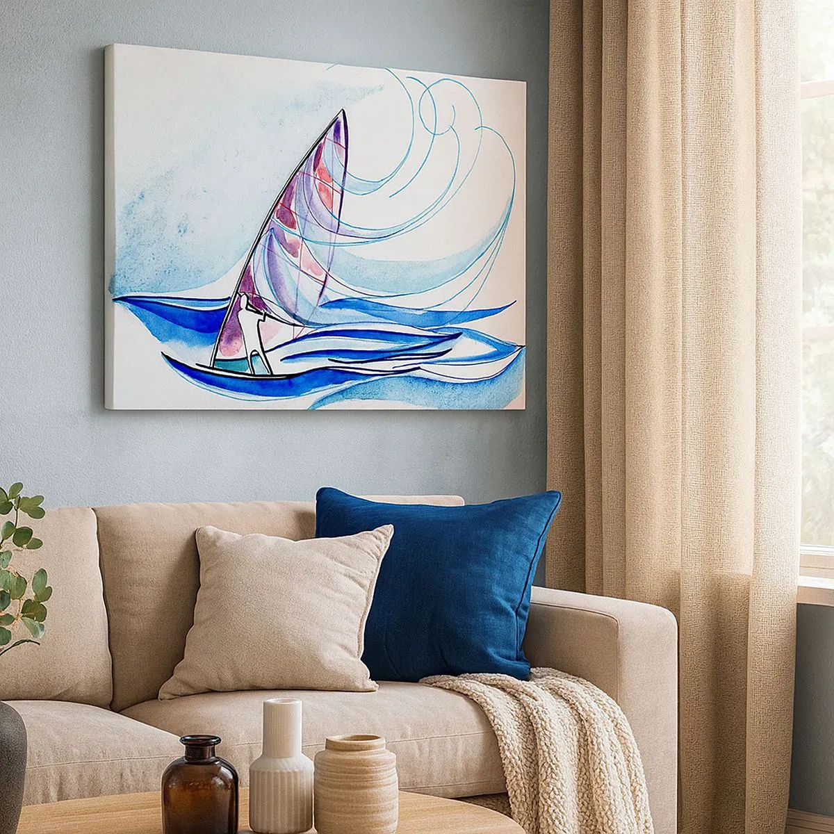 Quadro em tela - Um surfista surfando nas ondas em uma composição abstrata em aquarela - 70x50cm - Com o vento no ritmo das ondas - Decoração de parede moderna para a sala de estar e quarto ARTTOR