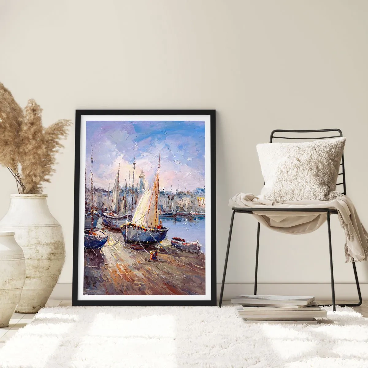 Pôster com moldura preta - Veleiros em um porto pitoresco iluminado pelos raios do sol - 50x70cm - Uma cidade à beira da baía - Decoração de parede moderna para a sala de estar e quarto ARTTOR