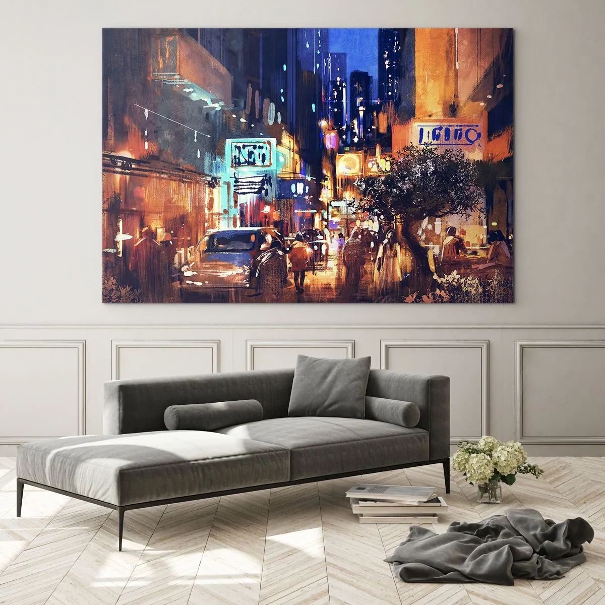 Quadro em vidro - Cena pitoresca da cidade noturna com luzes de neon e trânsito de rua - 70x50cm - E a cidade não dorme - Decoração de parede moderna para a sala de estar e quarto ARTTOR