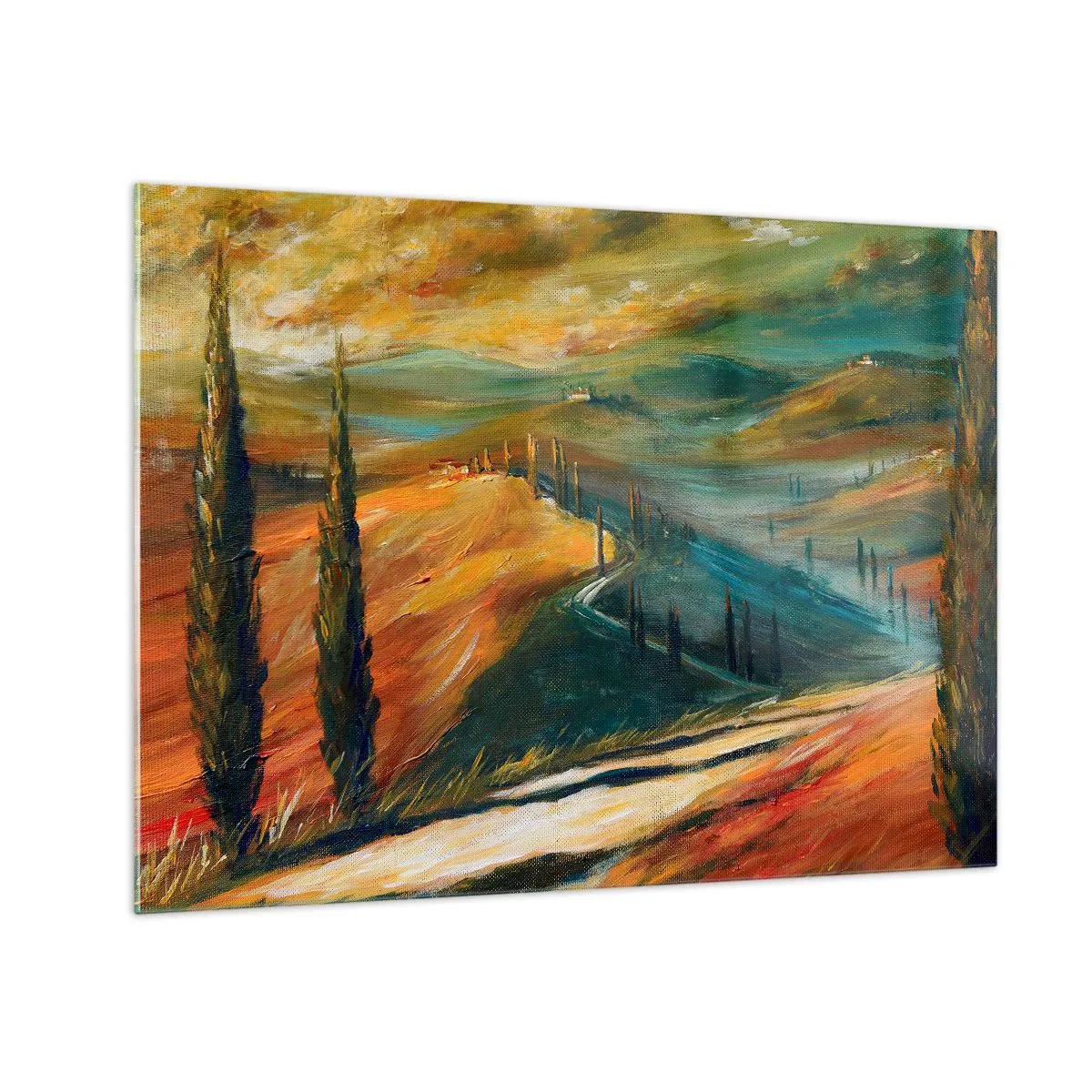 Quadro em vidro - Pôr do sol sobre uma colina da Toscana - 70x50cm - Paisagem da Toscana - Decoração de parede moderna para a sala de estar e quarto ARTTOR