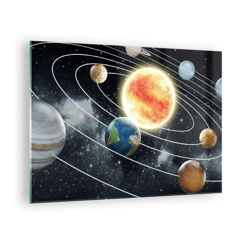 Quadro em vidro - O sistema solar com planetas e órbitas tendo como pano de fundo o espaço - 70x50cm - Dança espacial - Decoração de parede moderna para a sala de estar e quarto ARTTOR
