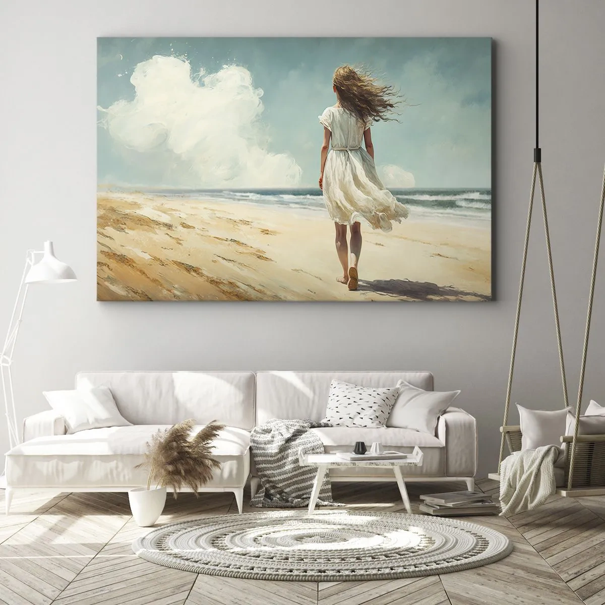 Quadro em tela - Uma mulher de vestido branco caminhando na praia em um dia ensolarado - 70x50cm - Para encontrar o sol e o vento - Decoração de parede moderna para a sala de estar e quarto ARTTOR