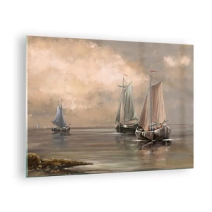 Quadro em vidro - Três veleiros em um mar calmo em cores pastel - 70x50cm - Regresso dos marinheiros - Decoração de parede moderna para a sala de estar e quarto ARTTOR