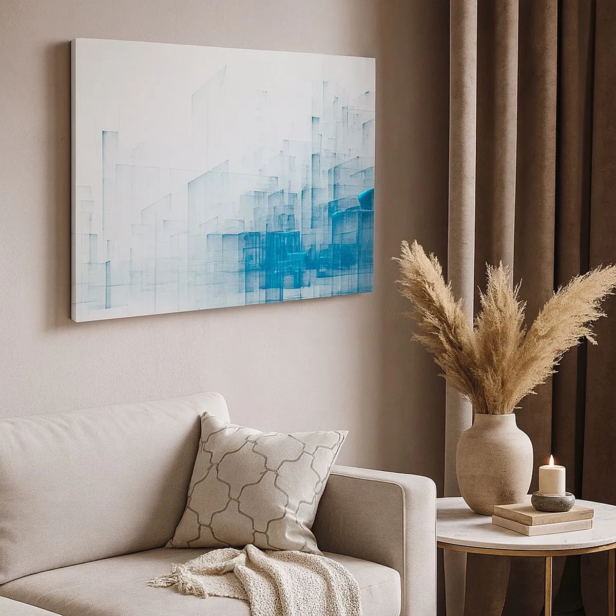 Quadro em tela - Formas geométricas abstratas em tons de azul - 70x50cm - Como o espaço ficou - Decoração de parede moderna para a sala de estar e quarto ARTTOR