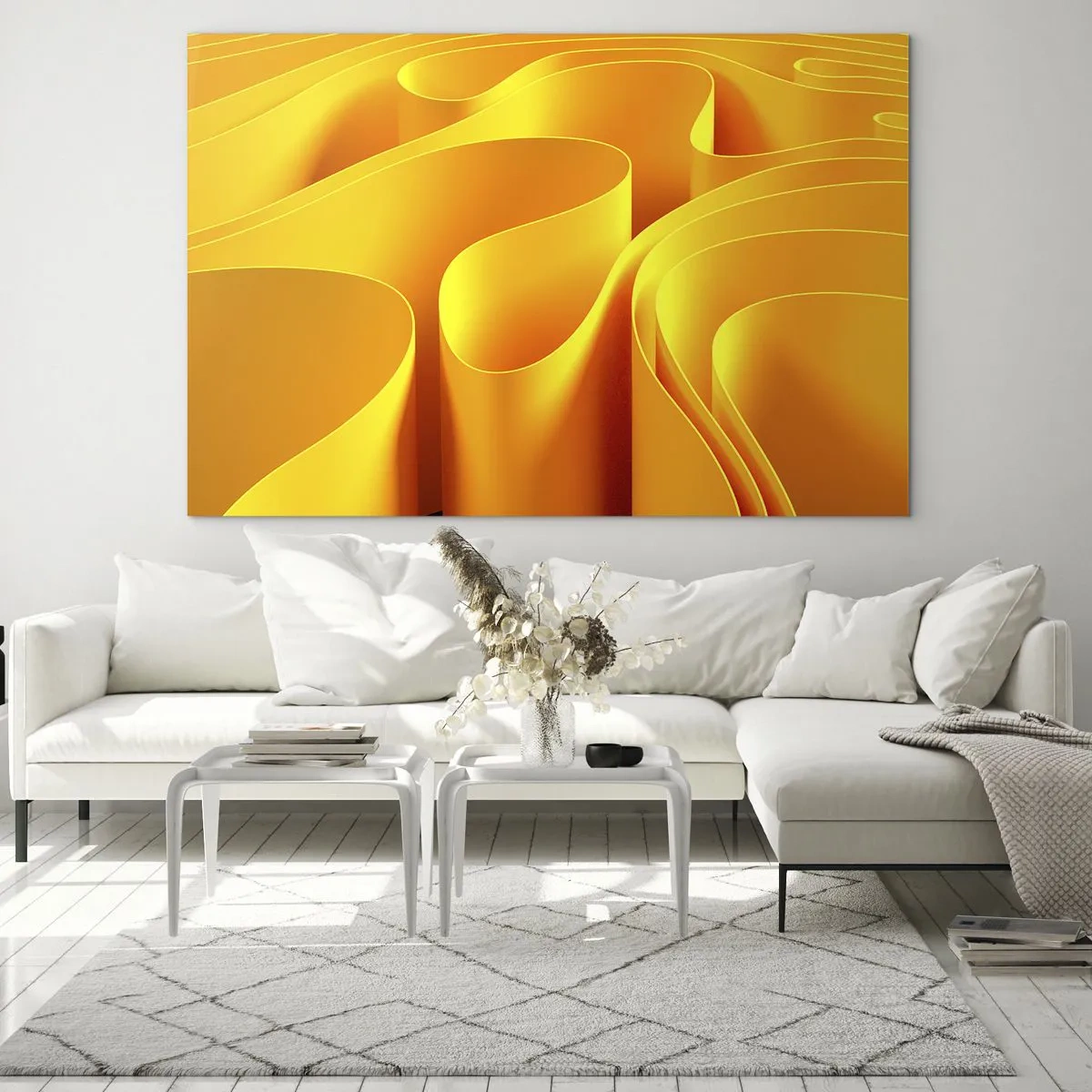 Quadro em vidro - Ondas abstratas em tons de dourado e laranja - 70x50cm - Como as ondas do sol - Decoração de parede moderna para a sala de estar e quarto ARTTOR