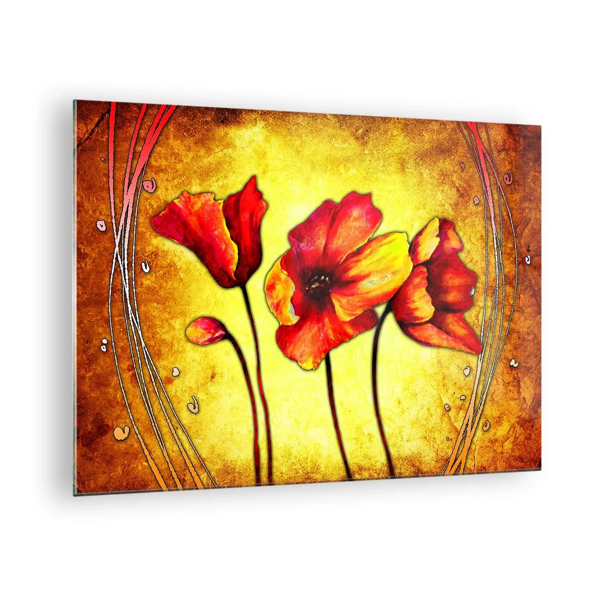 Quadro em vidro - Papoilas vermelhas sobre um fundo de tons dourados com detalhes artísticos - 70x50cm - Decoração da secessão  - Decoração de parede moderna para a sala de estar e quarto ARTTOR