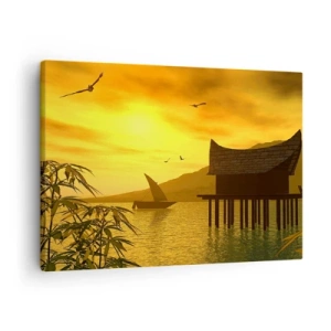 Quadro em tela - Pôr do sol tropical sobre a água com uma casa de madeira sobre palafitas. - 70x50cm - A desejada paz - Decoração de parede moderna para a sala de estar e quarto ARTTOR