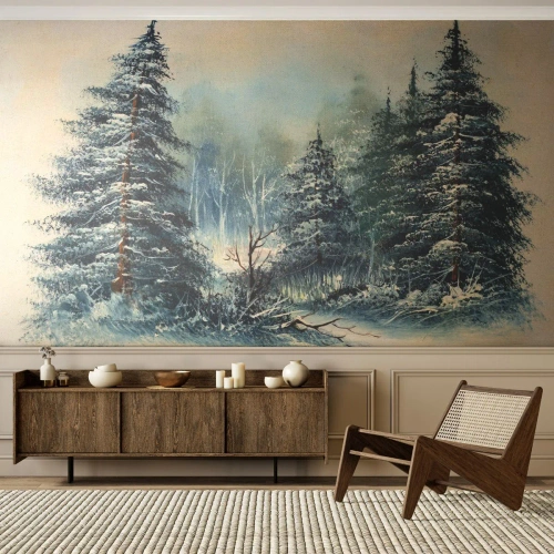 Papel de Parede Standard Eco - Uma paisagem de inverno com abetos cobertos de neve em estilo pictórico - 100x70cm - Prontas para o Natal - Decoração de parede moderna para a sala de estar e quarto ARTTOR