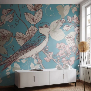 Papel de Parede Premium Canvas - Cantos no choupo-branco - Abstração, Engolir, Pássaro - 200x140 cm