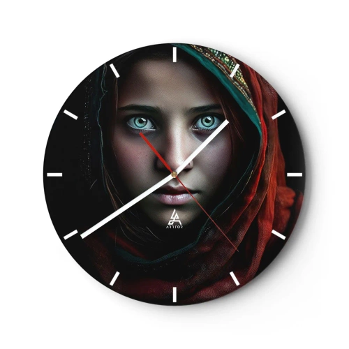 Relógio de parede - Relógio em vidro - Retrato de uma menina com um lenço vermelho e um olhar intenso - 30x30cm - Princesa oriental - Decoração de parede moderna para a sala de estar, cozinha e quarto ARTTOR