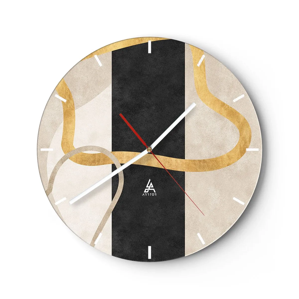 Relógio de parede - Relógio em vidro - Linhas douradas contra uma faixa preta e formas bege - 30x30cm - Formas em loop - Decoração de parede moderna para a sala de estar, cozinha e quarto ARTTOR