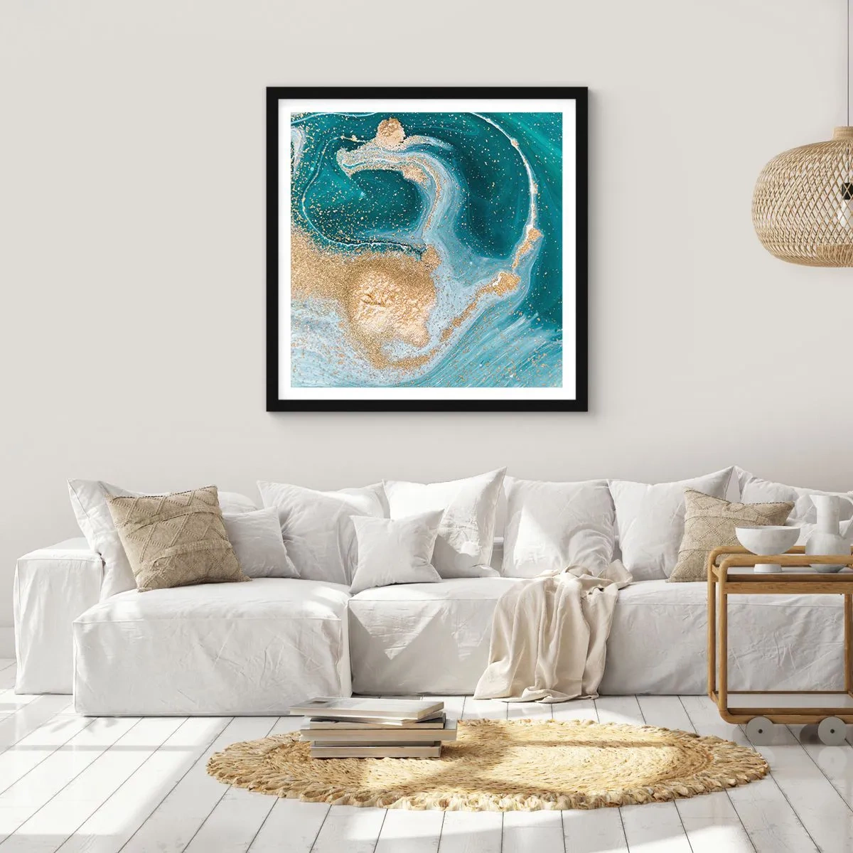 Pôster com moldura preta - Um vórtice de ouro e turquesa - 60x60 cm