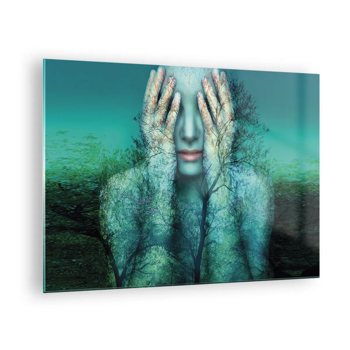 Quadro em vidro - Rosto de mulher com motivo de árvore em um cenário surreal - 70x50cm - Imersa em azul - Decoração de parede moderna para a sala de estar e quarto ARTTOR