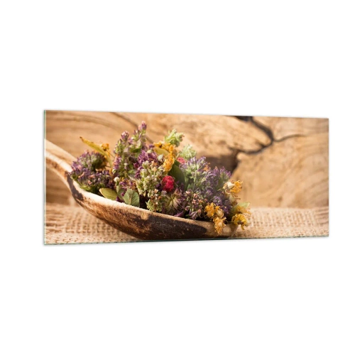 Quadro em vidro - Flores coloridas e ervas aromáticas - 100x40 cm