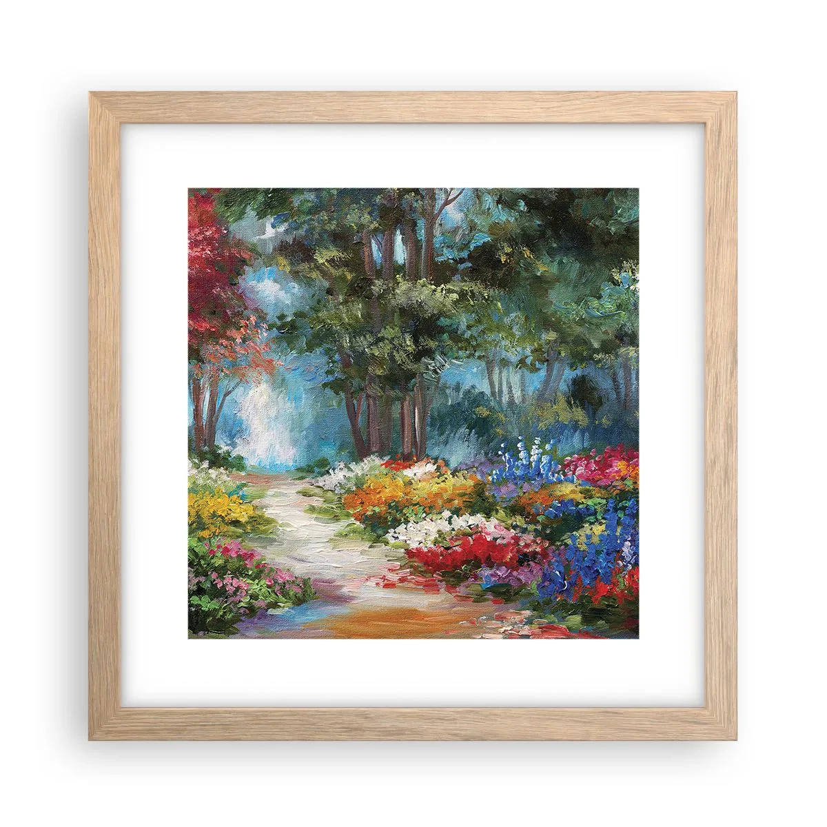 Pôster com moldura de carvalho claro - Jardim florestal, floresta florida - 30x30 cm