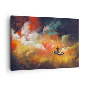 Quadro em tela - Uma figura em um barco contra um fundo de nuvens coloridas - 70x50cm - De barco pela galáxia - Decoração de parede moderna para a sala de estar e quarto ARTTOR