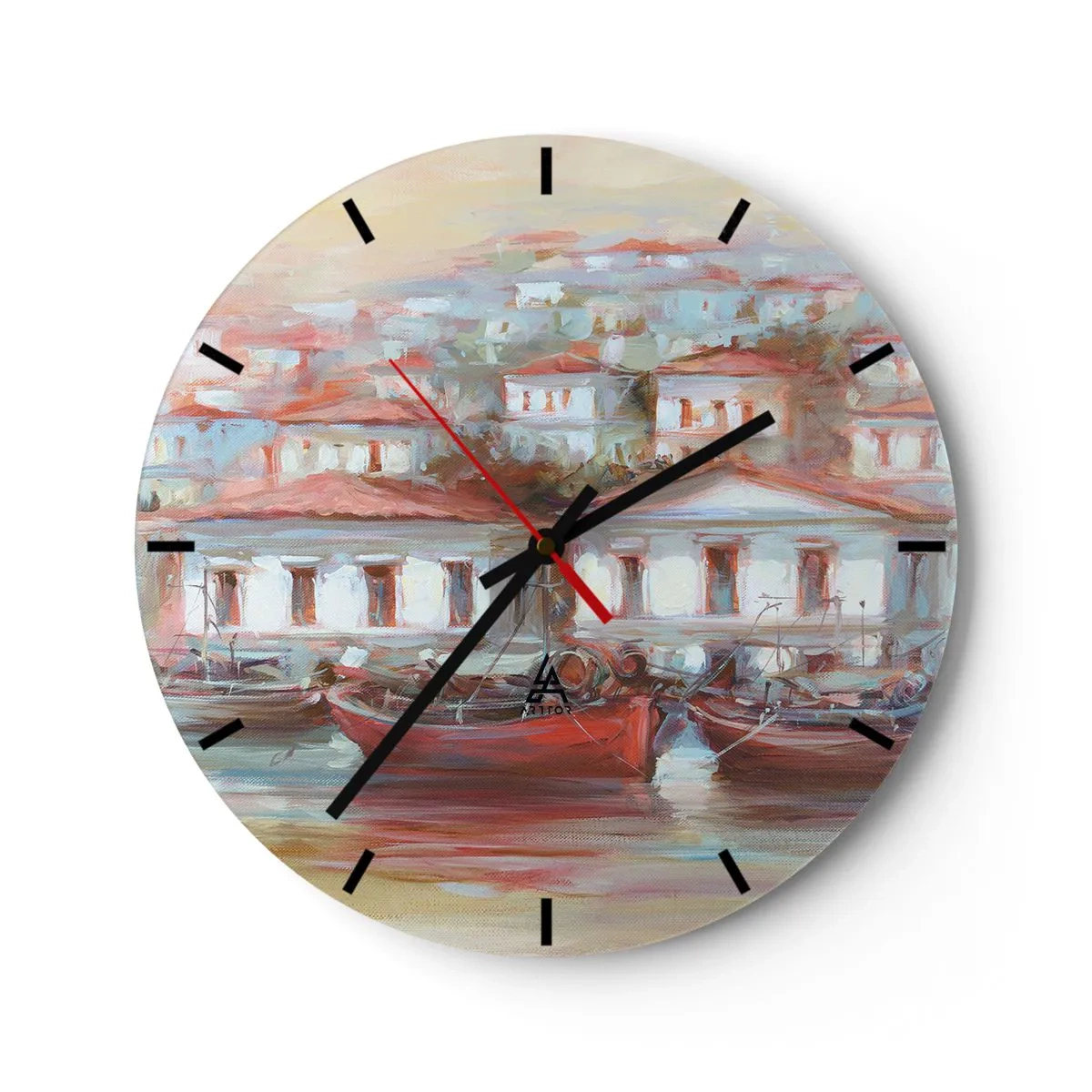 Relógio de parede - Relógio em vidro - Um porto pitoresco com barcos e arquitetura mediterrânea - 30x30cm - Cidade feliz - Decoração de parede moderna para a sala de estar, cozinha e quarto ARTTOR