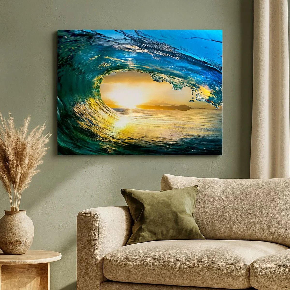 Quadro em tela - Onda do mar ao sol com vista para o horizonte - 70x50cm - Em cristal esmeralda dourado - Decoração de parede moderna para a sala de estar e quarto ARTTOR