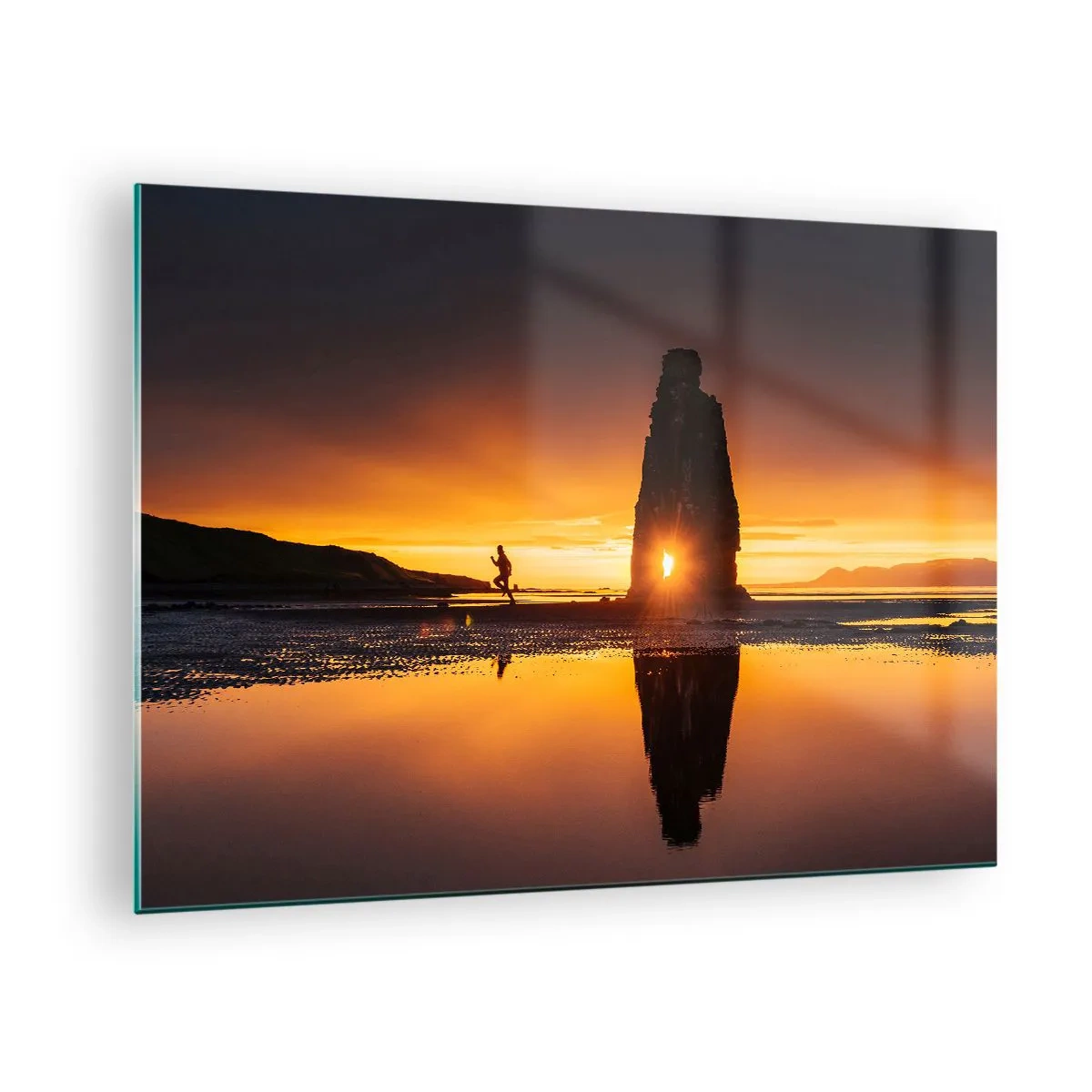 Quadro em vidro - Pôr do sol com uma silhueta humana e uma formação rochosa - 70x50cm - Só você e a natureza - Decoração de parede moderna para a sala de estar e quarto ARTTOR