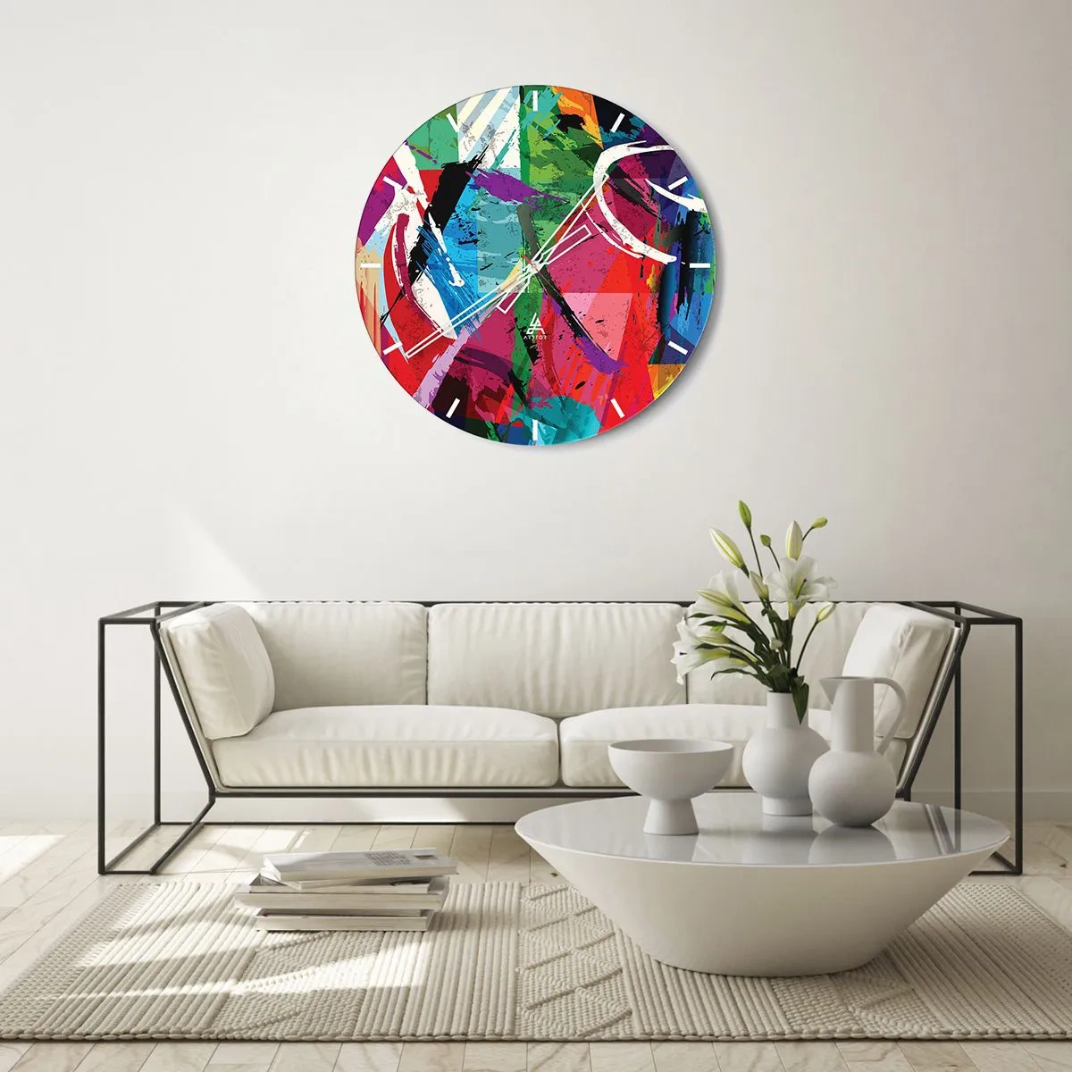 Relógio de parede - Relógio em vidro - Um padrão abstrato com cores intensas e linhas dinâmicas. - 30x30cm - Rápido, vivo e animado - Decoração de parede moderna para a sala de estar, cozinha e quarto ARTTOR