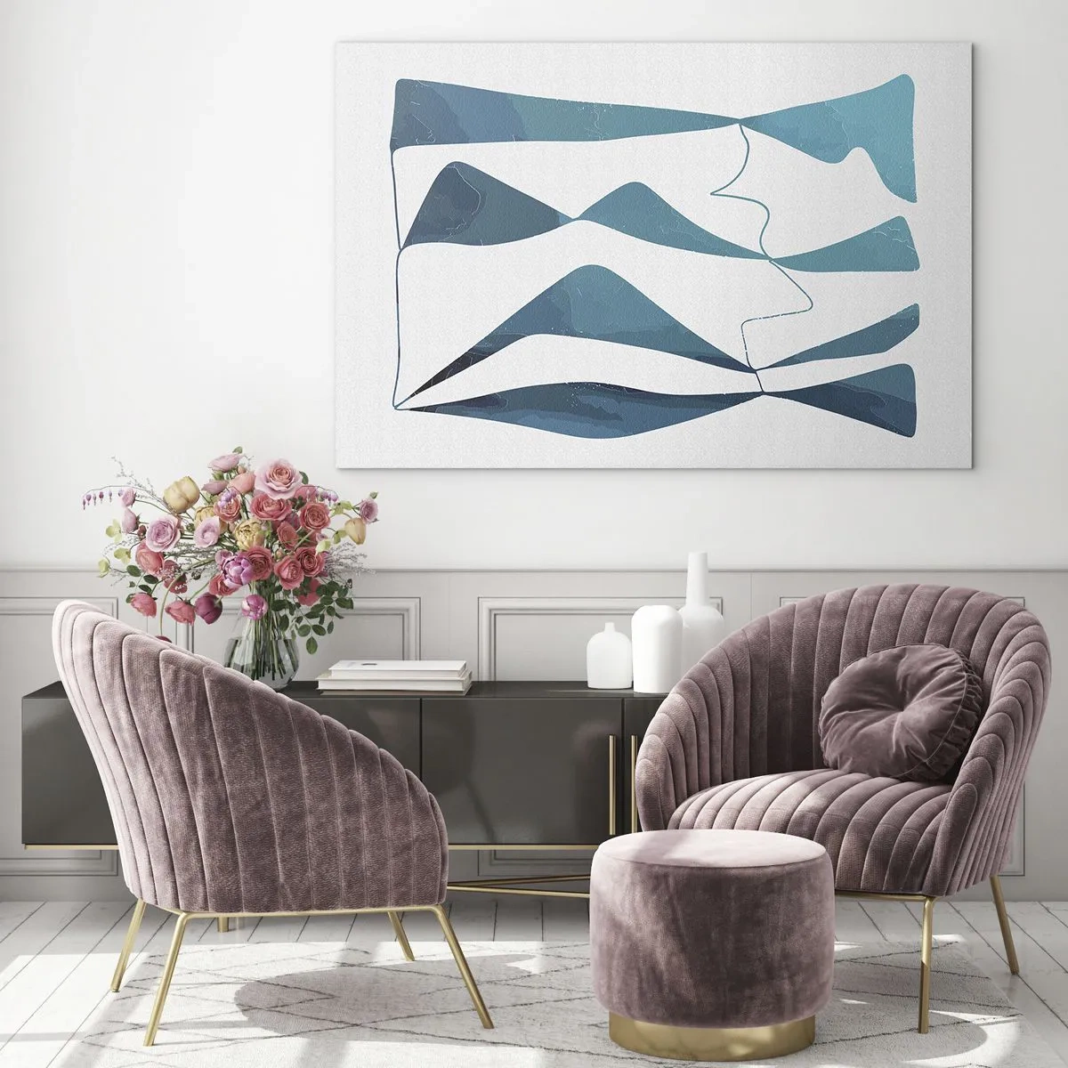 Quadro em vidro - Ondas e formas turquesas em um fundo branco - 70x50cm - Abstração: composto turquesa - Decoração de parede moderna para a sala de estar e quarto ARTTOR