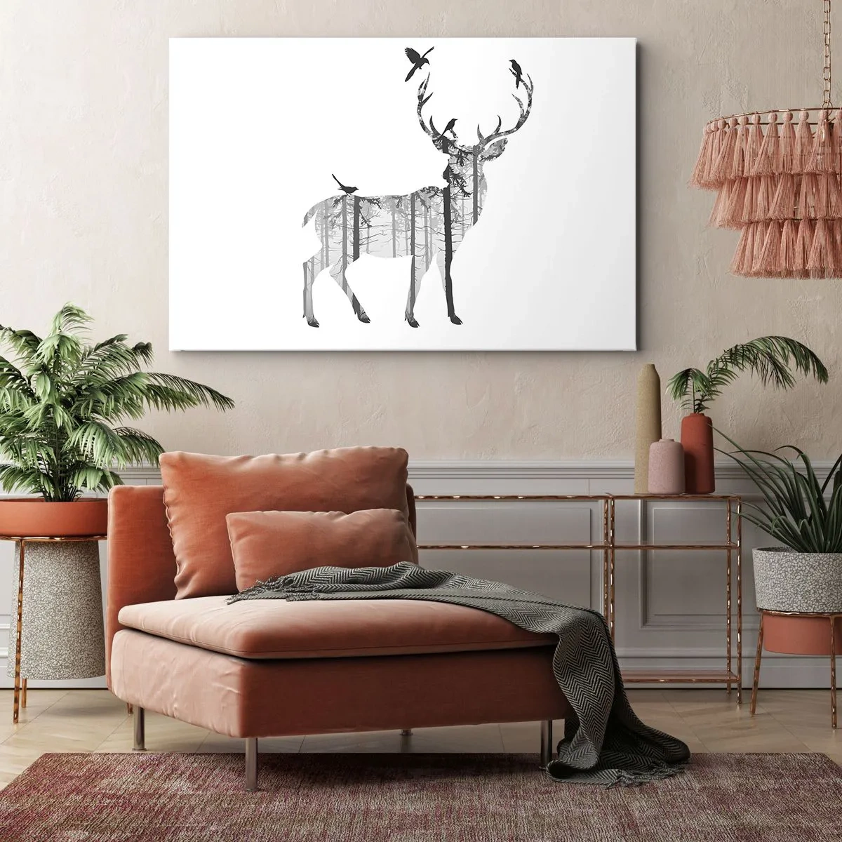 Quadro em tela - Silhueta de um veado com floresta e pássaros - 70x50cm - Bom espírito da floresta - Decoração de parede moderna para a sala de estar e quarto ARTTOR